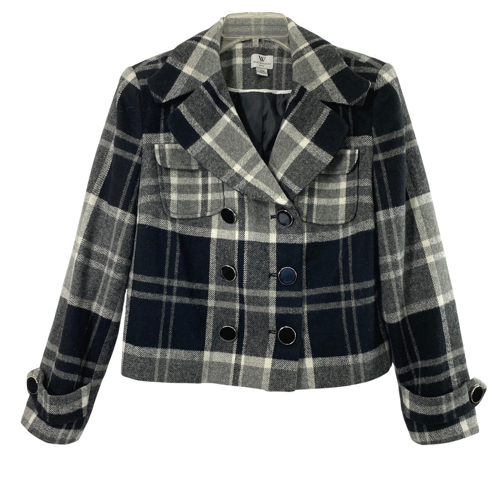 Worthington Jacket Women PM Plaid Double Breasted Pea Coat Cropped Wool Blend